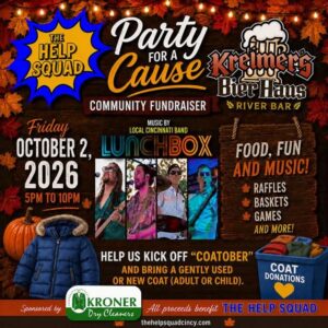 Party for a Cause — The Help Squad Community Fundraiser Party for a Cause fundraiser flyer for The Help Squad at Kreimer's Bier Haus on October 2, 2026
