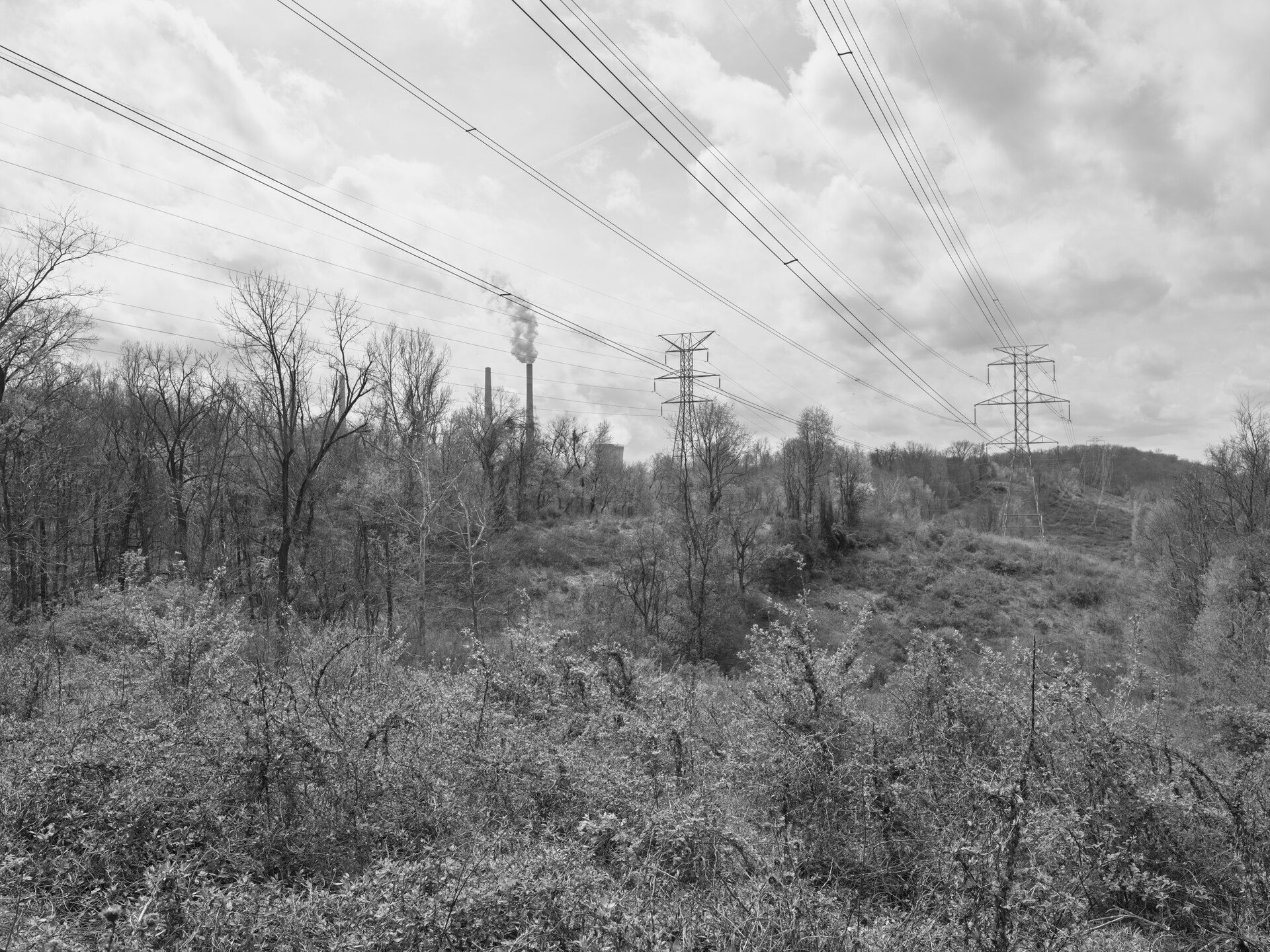 Black-and-white landscape view at Shawnee Lookout near the Ohio and Great Miami rivers